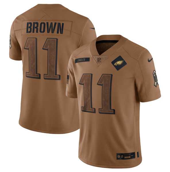 Mens Philadelphia Eagles #11 A. J. Brown 2023 Brown Salute To Service Limited Football Stitched Jersey Dyin